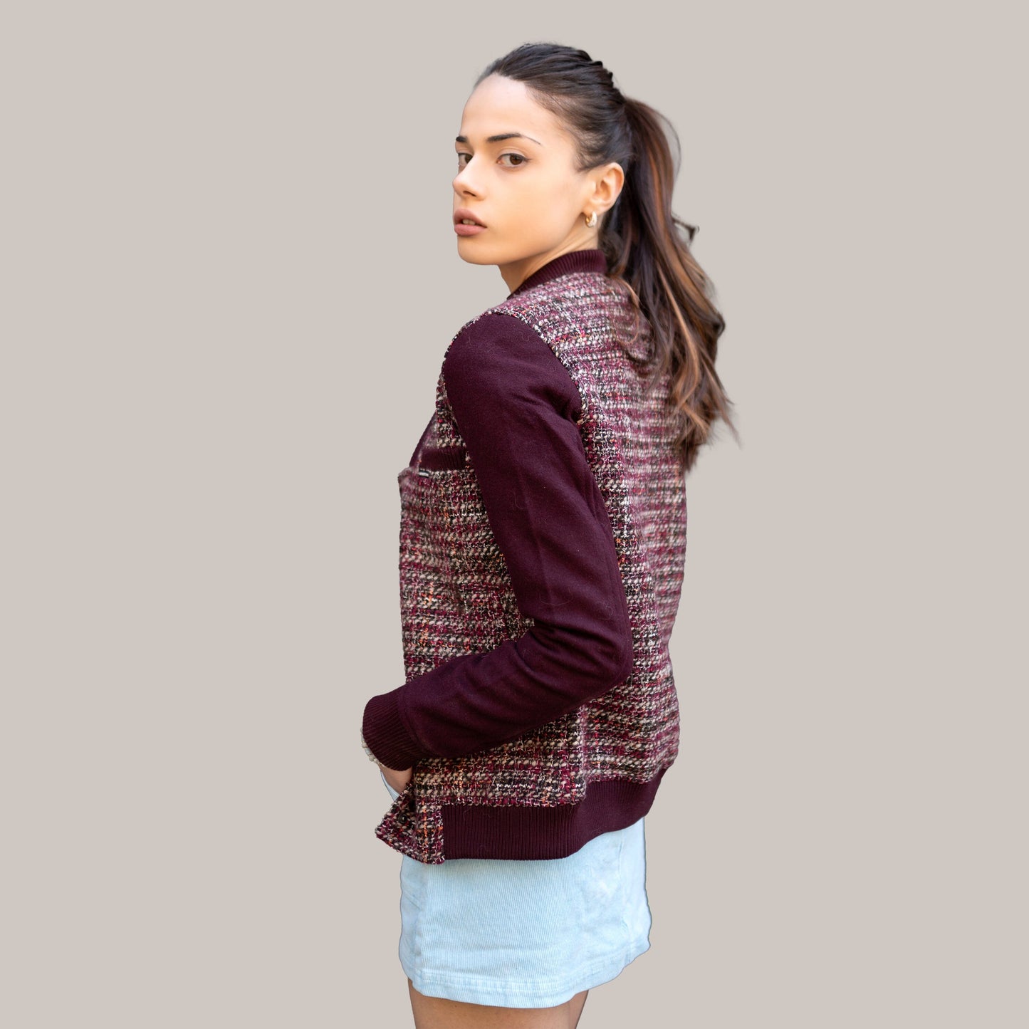 Women's Updated Tweed Varsity Jacket with Contrast Sleeve