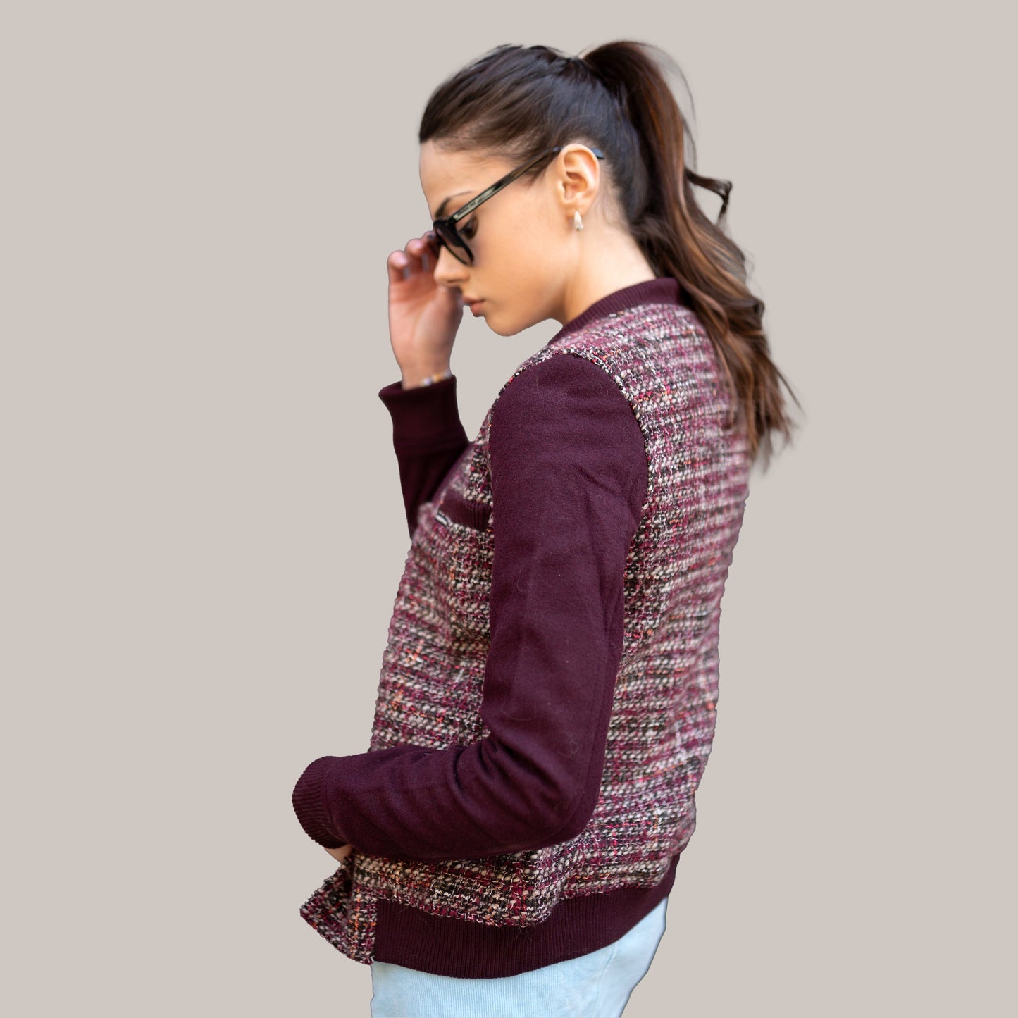 Women's Updated Tweed Varsity Jacket with Contrast Sleeve