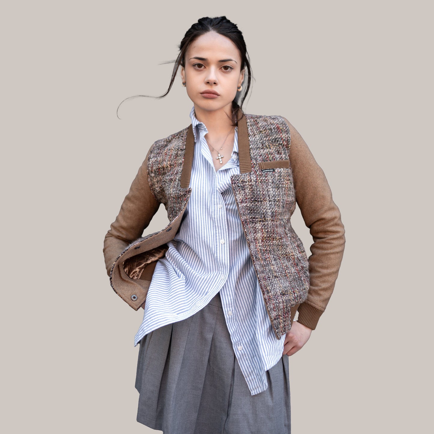 Women's Updated Tweed Varsity Jacket with Contrast Sleeve