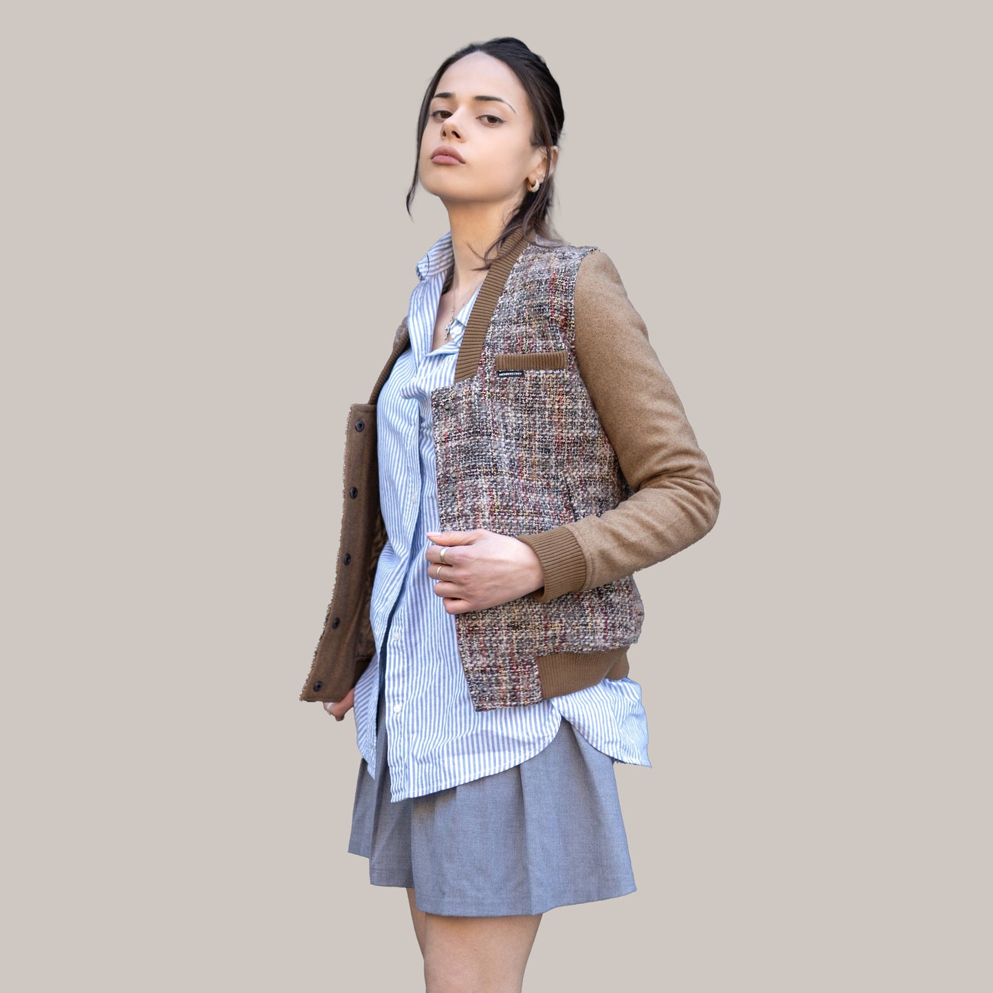 Women's Updated Tweed Varsity Jacket with Contrast Sleeve