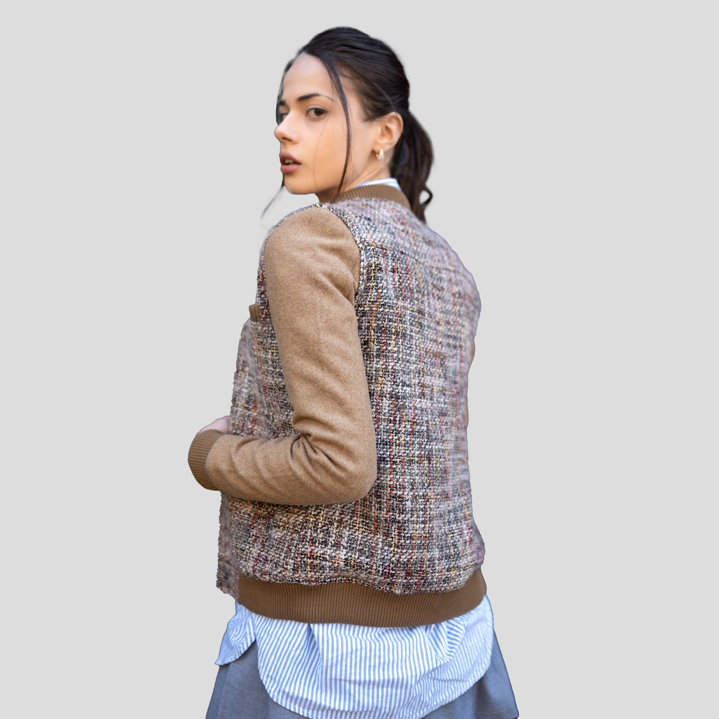 Women's Updated Tweed Varsity Jacket with Contrast Sleeve