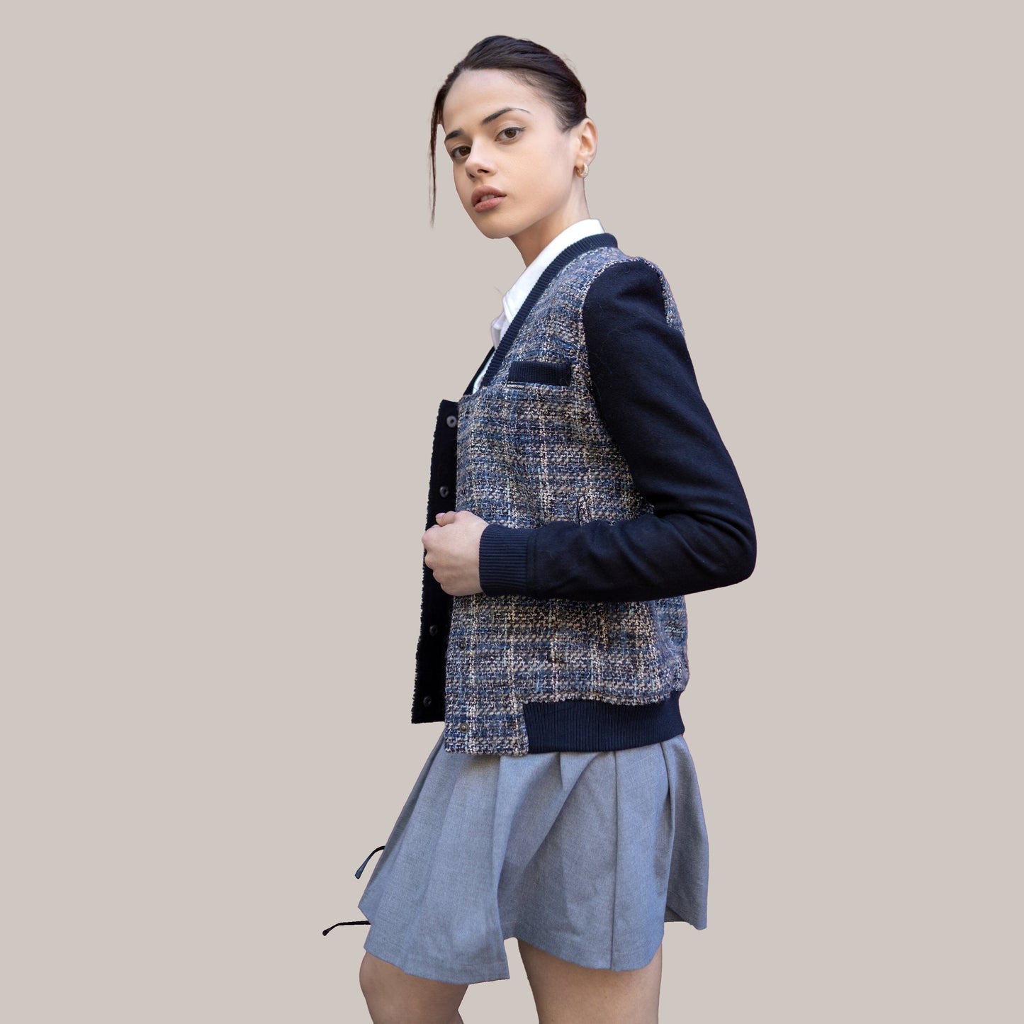 Women's Updated Tweed Varsity Jacket with Contrast Sleeve