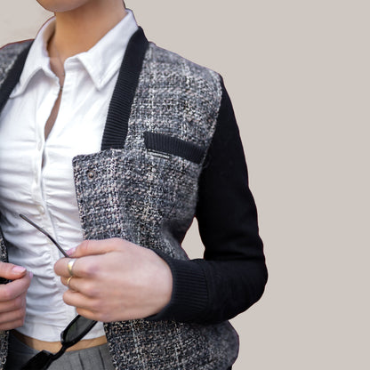 Women's Updated Tweed Varsity Jacket with Contrast Sleeve