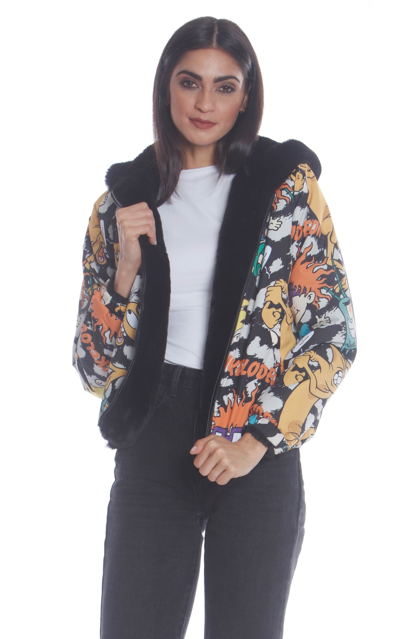 Women's  Faux Rabbit Fur Reversible Bomber Looney Tunes Satin Mashup Print Lining Jacket - FINAL SALE