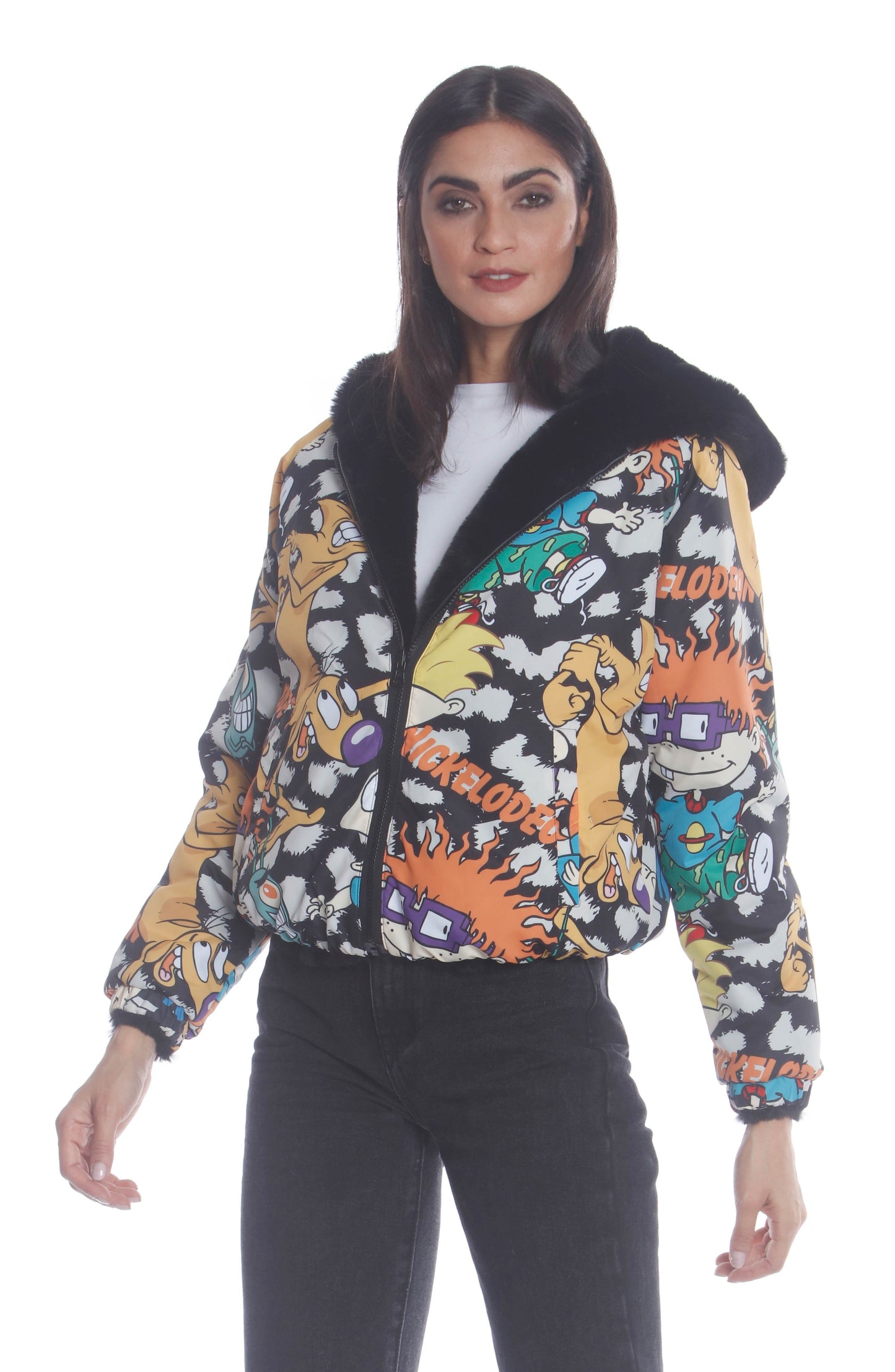 Women's  Faux Rabbit Fur Reversible Bomber Looney Tunes Satin Mashup Print Lining Jacket - FINAL SALE