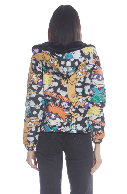 Women's  Faux Rabbit Fur Reversible Bomber Looney Tunes Satin Mashup Print Lining Jacket - FINAL SALE