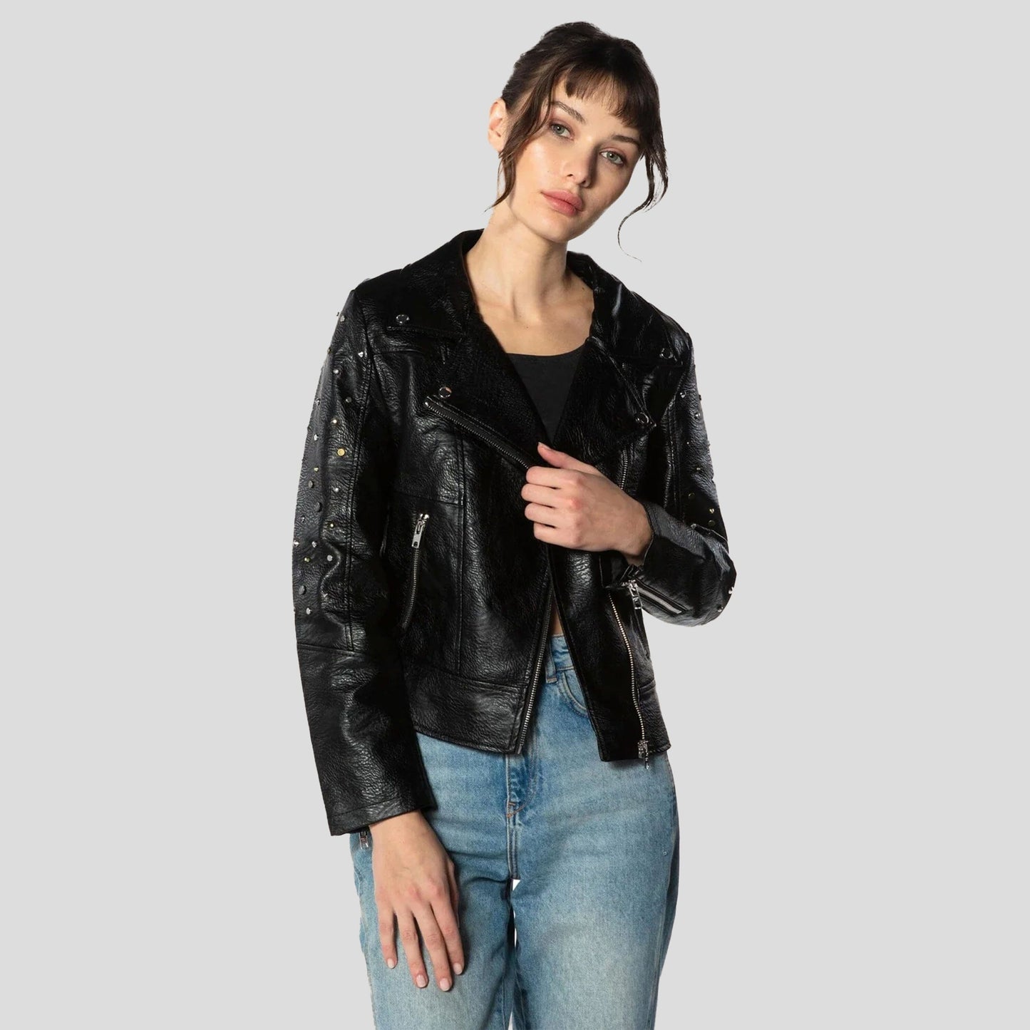 Women's Faux Leather Studded Biker Jacket - FINAL SALE