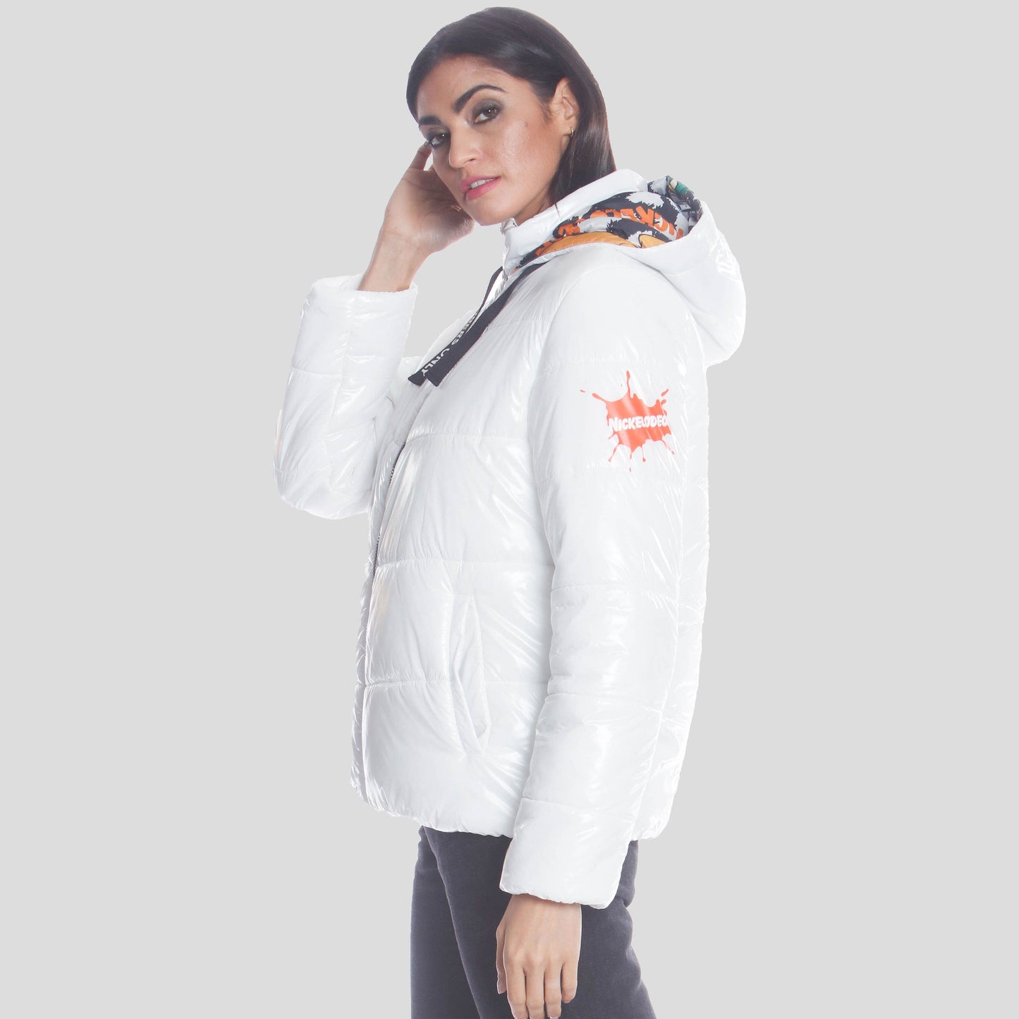 Women's Hi-Shine Chevron Quilt Puffer with Nickelodeon Mashup Print Lining Jacket - FINAL SALE