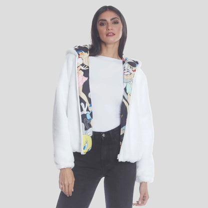 Women's  Faux Rabbit Fur Reversible Bomber Looney Tunes Satin Mashup Print Lining Jacket - FINAL SALE