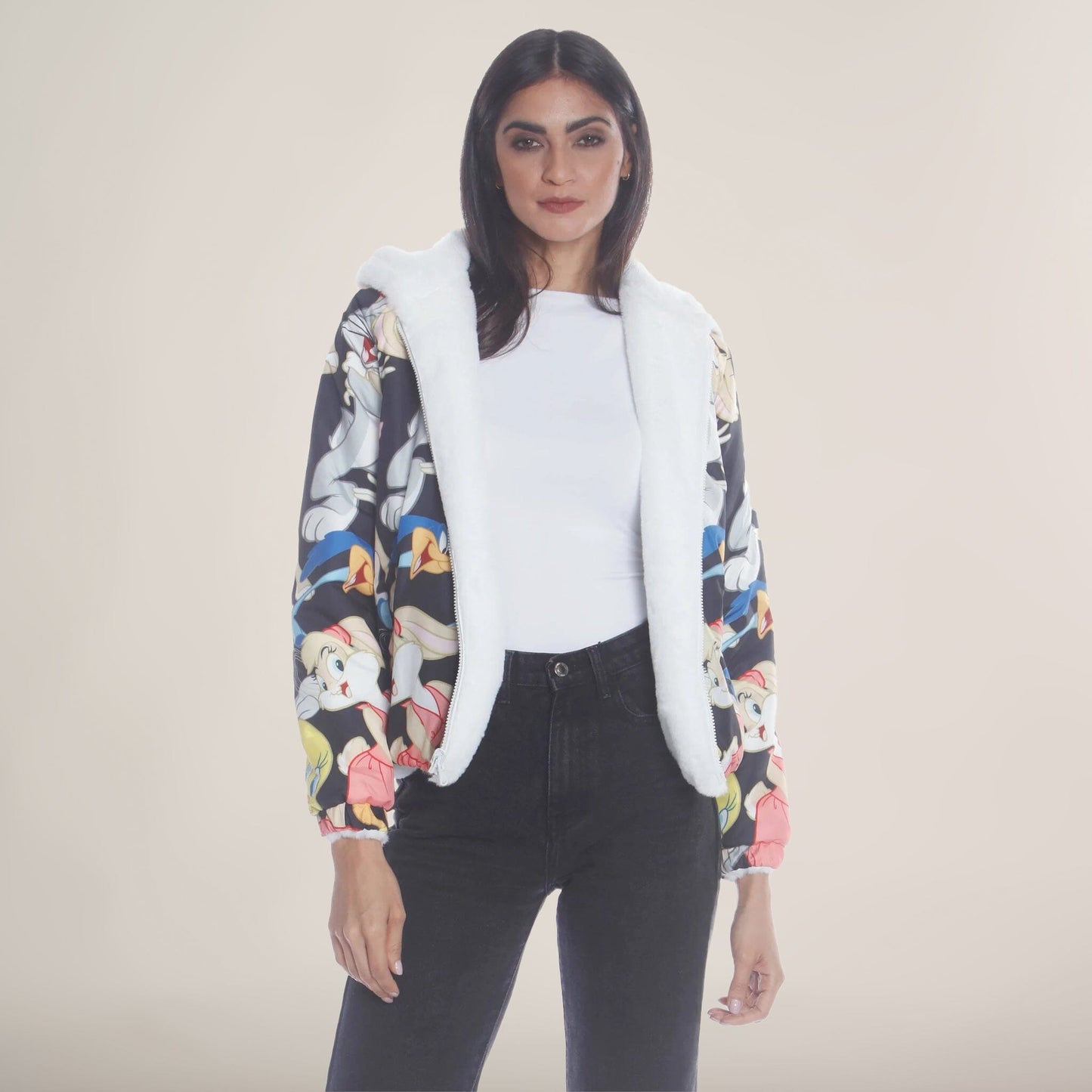 Women's  Faux Rabbit Fur Reversible Bomber Looney Tunes Satin Mashup Print Lining Jacket - FINAL SALE