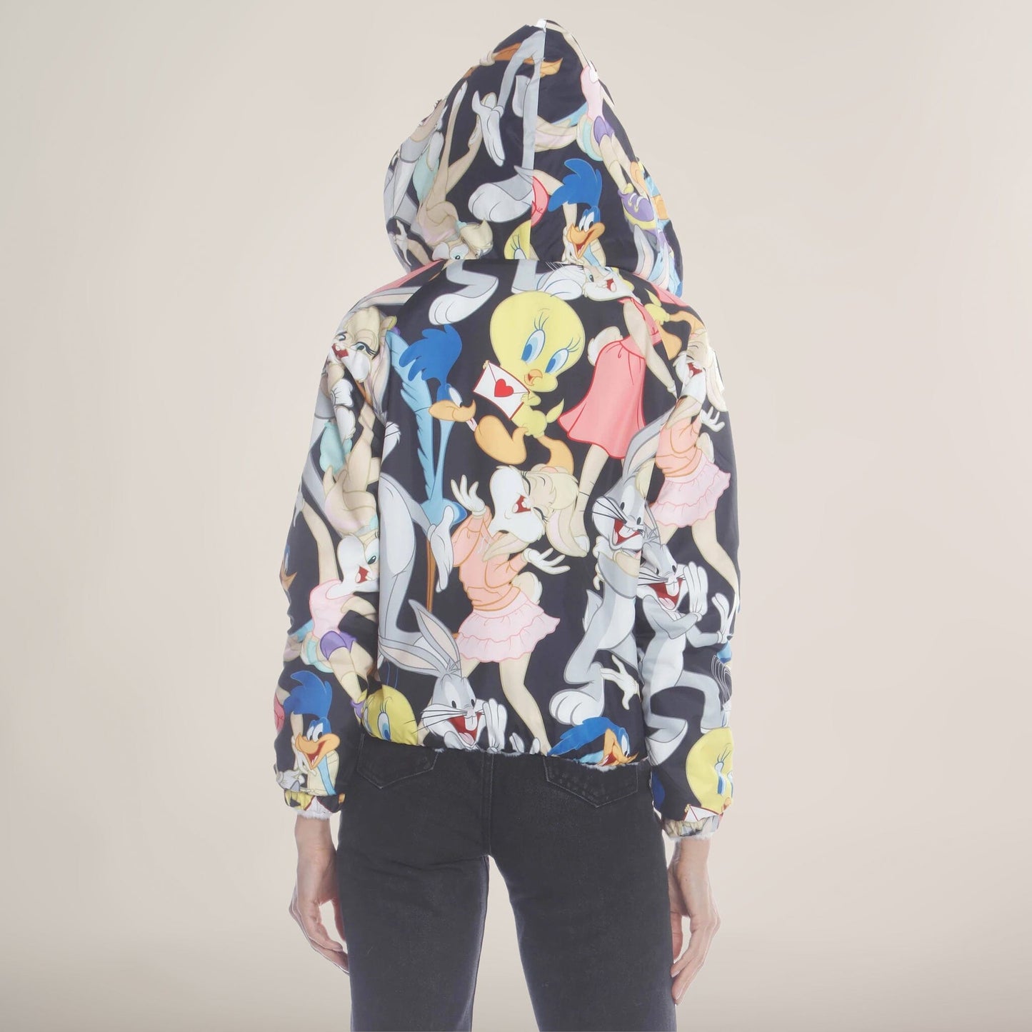 Women's  Faux Rabbit Fur Reversible Bomber Looney Tunes Satin Mashup Print Lining Jacket - FINAL SALE