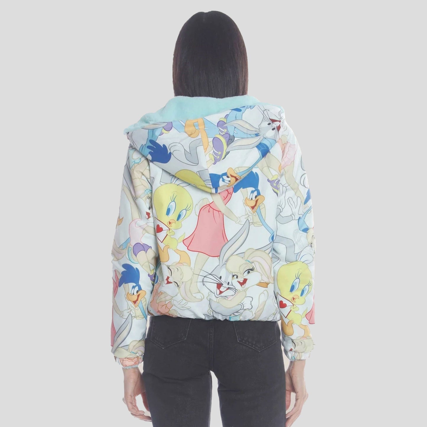 Women's  Faux Rabbit Fur Reversible Bomber Looney Tunes Satin Mashup Print Lining Jacket - FINAL SALE