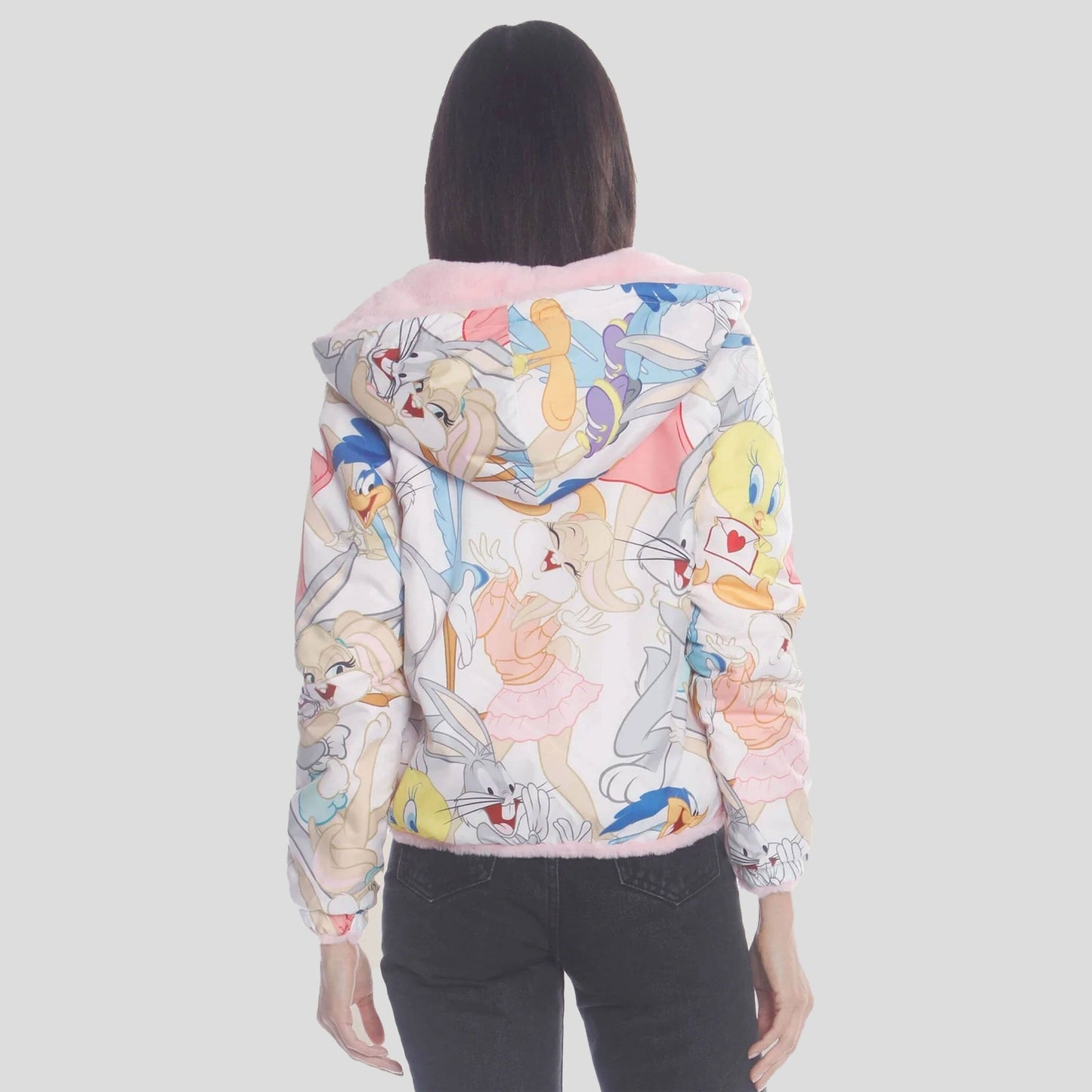 Women's  Faux Rabbit Fur Reversible Bomber Looney Tunes Satin Mashup Print Lining Jacket - FINAL SALE