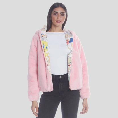 Women's  Faux Rabbit Fur Reversible Bomber Looney Tunes Satin Mashup Print Lining Jacket - FINAL SALE