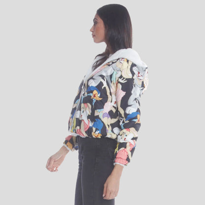 Women's  Faux Rabbit Fur Reversible Bomber Looney Tunes Satin Mashup Print Lining Jacket - FINAL SALE