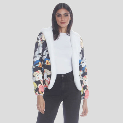 Women's  Faux Rabbit Fur Reversible Bomber Looney Tunes Satin Mashup Print Lining Jacket - FINAL SALE