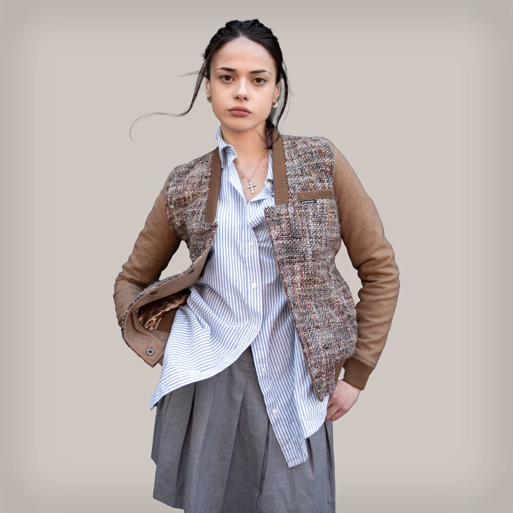 Women's Updated Tweed Varsity Jacket with Contrast Sleeve