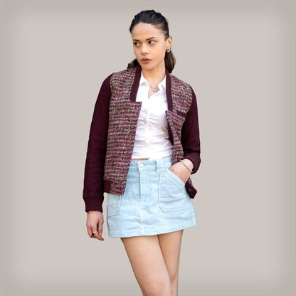 Women's Updated Tweed Varsity Jacket with Contrast Sleeve