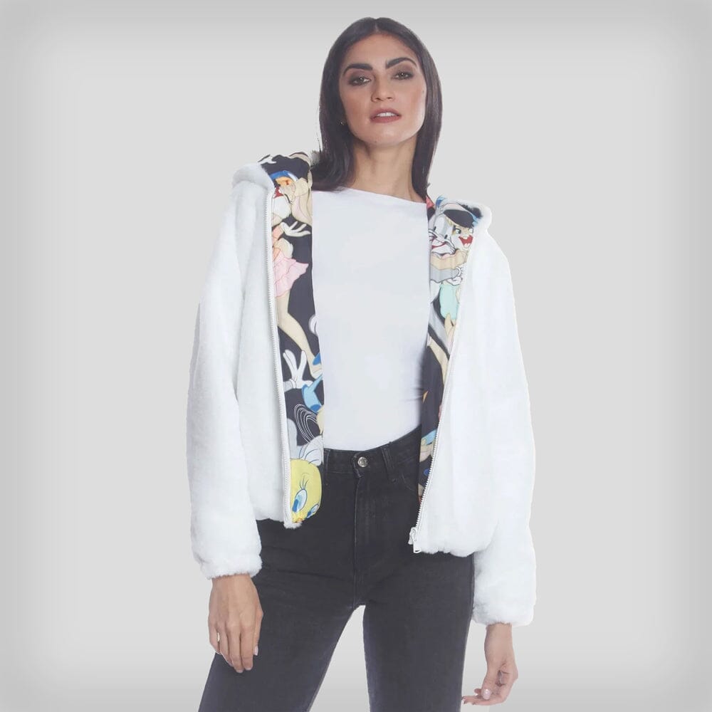 Women's  Faux Rabbit Fur Reversible Bomber Looney Tunes Satin Mashup Print Lining Jacket - FINAL SALE